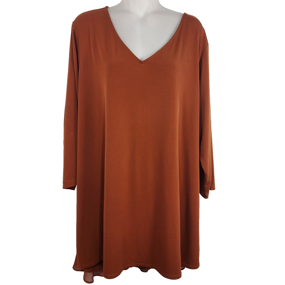 Susan Graver Womens Top 2X Liquid Knit Brown Peplum Chiffon Overlay A308258